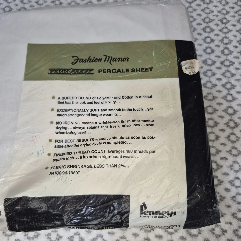 Fashion Manor Vtg 60s DOUBLE FITTED SHEET 54x75 White Penneys Percale 100%Cotton